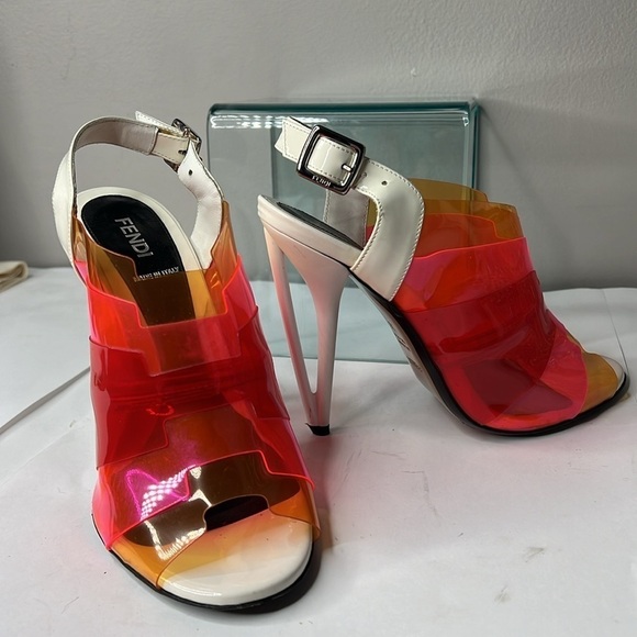 Fendi Sz 38 Multicolor Colorblock PVC Peep Toe Geometric Heels Sandals Shoes - Picture 2 of 11
